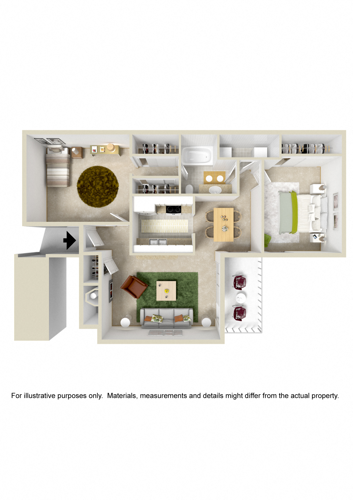 Floor plan for 2 beds, 1 bath, 833 sqft